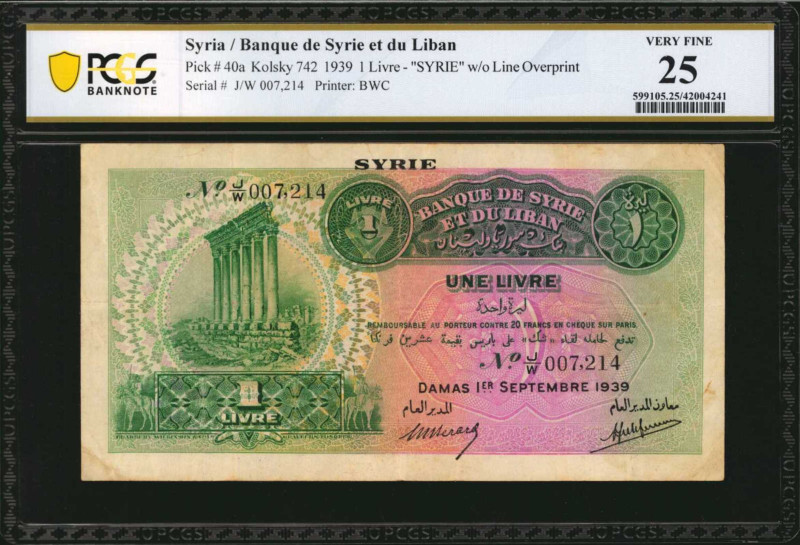 SYRIA. Banque de Syrie et du Liban. 1 Livre, 1939. P-40a. PCGS Banknote Very Fin...