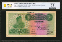SYRIA. Banque de Syrie et du Liban. 1 Livre, 1939. P-40a. PCGS Banknote Very Fine 25.
"Syrie" without line overprint. Printed by BWC. PCGS Banknote c...