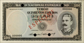 TIMOR. Banco Nacional Ultramarino. 500 Escudos, 1959. P-25s. Specimen. Extremely Fine.
Ink. Foxing. Pinhole. Hole. Mounting remnants.
Estimate $400....