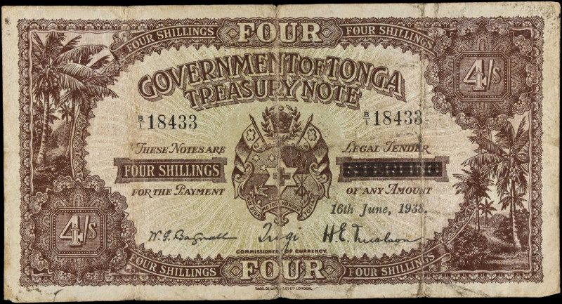 TONGA. Government of Tonga. 4 Shillings, 1938. P-5b. Fine.
Internal tears. Tear...