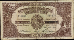 TONGA. Government of Tonga. 4 Shillings, 1938. P-5b. Fine.
Internal tears. Tears. Edge wear. Staining. Pinholes.
Estimate $75.00 - $125.00