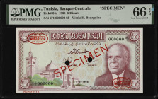 TUNISIA. Central Bank of Tunisia. 5 Dinars, 1965. P-64s. Specimen. PMG Gem Uncirculated 66 EPQ.
Estimate $500.00 - $700.00