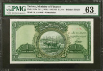 TURKEY. Ministry of Finance. 1 Livre, ND (1926). P-119r. Remainder. PMG Choice Uncirculated 63.
Printed by TDLR. Remainder. Cancelled perforated. Jus...