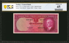 TURKEY. Turkiye Cumhuriyet Merkez Bankasi. 1 Lira, 1930 (1942). P-135. PCGS Banknote Choice Extremely Fine 45.
PCGS Banknote comments "Minor Tape."
...