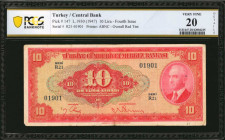 TURKEY. Turkiye Cumhuriyet Merkez Bankasi. 10 Lira, 1930 (1947). P-147. PCGS Banknote Very Fine 20 Details. Small Tape Repair.
PCGS Banknote comments...