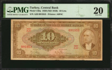 TURKEY. Turkiye Cumhuriyet Merkez Bankasi. 10 Lira, 1930 (ND 1948). P-148a. PMG Very Fine 20.
PMG comments "Pinholes."
Estimate $50.00 - $100.00