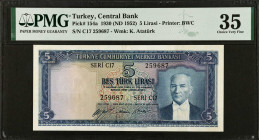 TURKEY. Turkiye Cumhuriyet Merkez Bankasi. 5 Lirasi, 1930 (ND 1952). P-154a. PMG Choice Very Fine 35.
PMG comments "Pinholes".
Estimate $100.00 - $1...