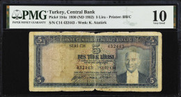 TURKEY. Central Bank. 5 Lira, 1930. P-154a. PMG Very Good 10.
Estimate $30.00 - $50.00