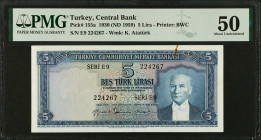 TURKEY. Central Bank. 5 Lira, 1930 (ND 1959). P-155a. PMG About Uncirculated 50.
PMG comments "Rust".
Estimate $100.00 - $200.00