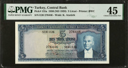 TURKEY. Turkiye Cumhuriyet Merkez Bankasi. 5 Lirasi, 1930 (ND 1959). P-155a. PMG Choice Extremely Fine 45.
Estimate $200.00 - $300.00