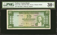 TURKEY. Turkiye Cumhuriyet Merkez Bankasi. 10 Lira, 1930 (ND 1958). P-158a. PMG Very Fine 30 EPQ.
Estimate $125.00 - $175.00