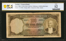 TURKEY. Turkiye Cumhuriyet Merkez Bankasi. 100 Lira, 1930 (1956). P-168a. PCGS Banknote Fine 12.
Fifth issue with Seri & blue back. Printed by BWC.
...