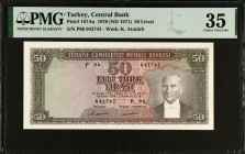 TURKEY. Turkiye Cumhuriyet Merkez Bankasi. 50 Lirasi, 1970 (ND 1971). P-187Aa. PMG Choice Very Fine 35.
Estimate $75.00 - $100.00