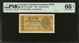 UKRAINE. Zentralnotenbank Ukraine. 1 Karbowanez, 1942. P-49. PMG Gem Uncirculated 66 EPQ.
Estimate $150.00 - $200.00