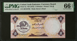 UNITED ARAB EMIRATES. United Arab Emirates Currency Board. 5 Dirhams, ND (1973). P-2a. PMG Gem Uncirculated 66 EPQ.
Estimate $200.00 - $400.00