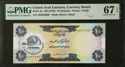 UNITED ARAB EMIRATES. United Arab Emirates Currency Board. 10 Dirhams, ND (1973). P-3a. PMG Superb Gem Uncirculated 67 EPQ.
Estimate $300.00 - $500.0...