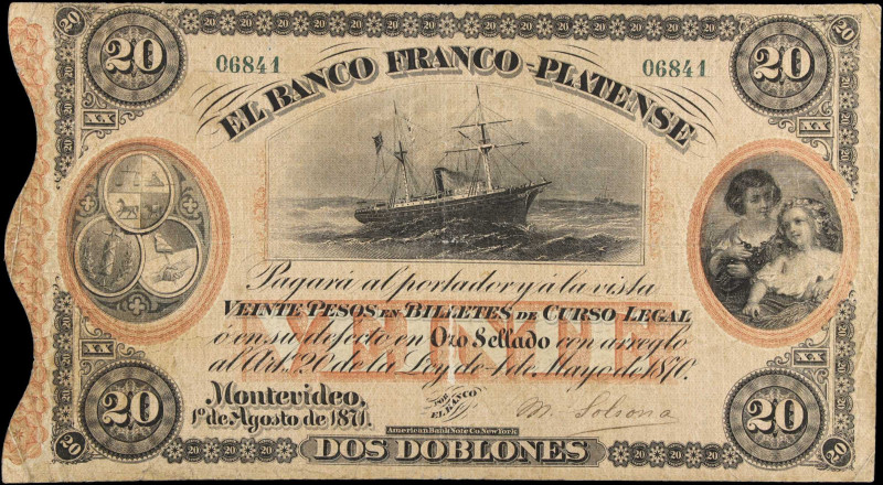 URUGUAY. El Banco Franco-Platense. 20 Pesos, 1870-71. P-S173a. Fine.
Minor thin...