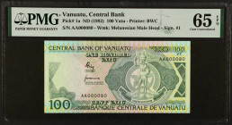 VANUATU. Lot of (3). Central Bank of Vanuatu. 100, 500 & 1000 Vatu, ND (1982-93). P-1a, 2a & 6. Matching Serial Numbers. PMG Gem Uncirculated 65 EPQ &...