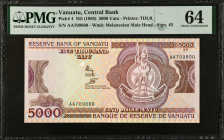VANUATU. Reserve Bank of Vanuatu. 5000 Vatu, ND (1989). P-4. PMG Choice Uncirculated 64.
Estimate $75.00 - $100.00