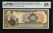 VENEZUELA. Banco Venezolano de Credito. 100 Bolivares, ND (1931-39). P-S248r. Remainder. PMG Choice About Uncirculated 58.
Estimate $200.00 - $400.00