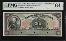 VENEZUELA. Banco de Venezuela. 500 Bolivares, ND (1935). P-S314s. Specimen. PMG Choice Uncirculated 64 EPQ.
Estimate $400.00 - $600.00