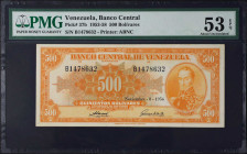 VENEZUELA. Banco Central de Venezuela. 500 Bolivares, 1956. P-37b. PMG About Uncirculated 53 EPQ.
Dated 1956.
Estimate $200.00 - $400.00