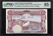 YEMEN, DEMOCRATIC REPUBLIC. Lot of (2). South Arabian Currency Authority. 5 Dinars, ND (1965). P-4b. Consecutive. PMG Gem Uncirculated 65 EPQ.
Estima...