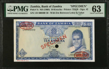 ZAMBIA. Bank of Zambia. 10 Kwacha, ND (1968). P-7s. Specimen. PMG Choice Uncirculated 63.
PMG comments "Previously Mounted".
Estimate $200.00 - $400...