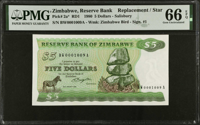 ZIMBABWE. Reserve Bank of Zimbabwe. 5 Dollars, 1980. P-2a*. Replacement. PMG Gem...