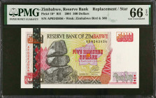 ZIMBABWE. Reserve Bank of Zimbabwe. 500 Dollars, 2001. P-10*. Replacement. PMG Gem Uncirculated 66 EPQ.
Estimate $100.00 - $200.00