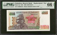 ZIMBABWE. Reserve Bank of Zimbabwe. 500 Dollars, 2001. P-11a*. Replacement. PMG Gem Uncirculated 66 EPQ.
Estimate $100.00 - $200.00