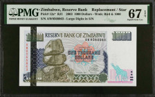 ZIMBABWE. Reserve Bank of Zimbabwe. 1000 Dollars, 2003. P-12a*. Replacement. PMG Superb Gem Uncirculated 67 EPQ.
Estimate $100.00 - $200.00