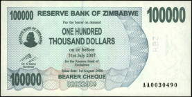 ZIMBABWE. Reserve Bank of Zimbabwe. 100,000 Dollars, 2006. P-48a. Uncirculated.
Estimate $40.00 - $80.00