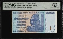 ZIMBABWE. Lot of (3). Reserve Bank of Zimbabwe. 100 Trillion Dollars, 2008. P-91. Consecutive. PMG Choice Uncirculated 63 EPQ & Choice Uncirculated 64...