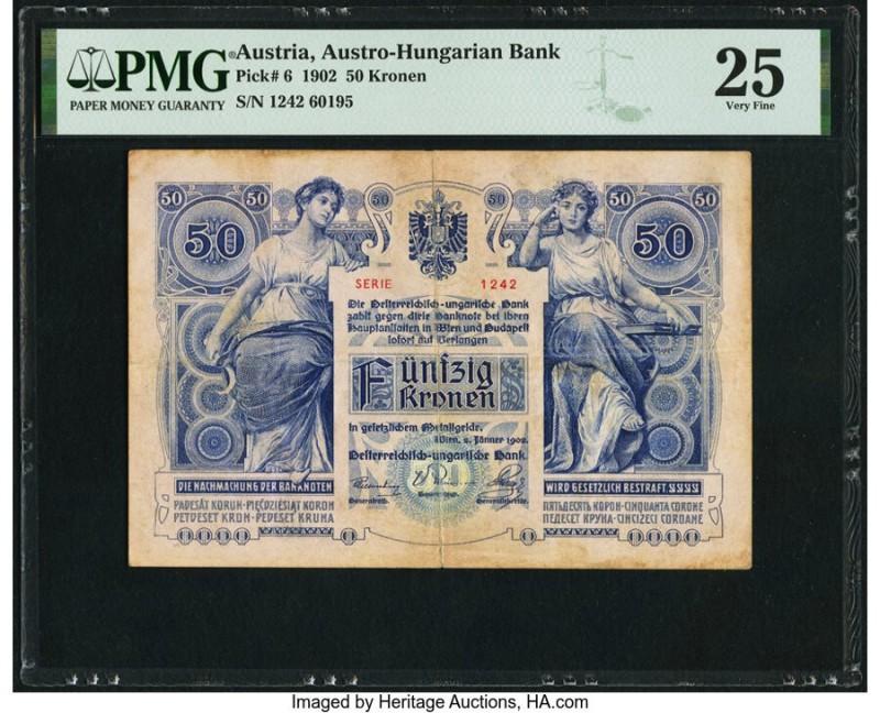 Austria Austro-Hungarian Bank 50 Kronen 2.1.1902 Pick 6 PMG Very Fine 25. A spli...