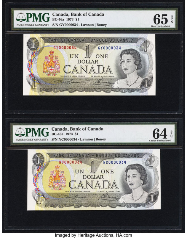 Matching Serial Numbers 34 Canada Bank of Canada $1 1973 BC-46a Two Examples PMG...