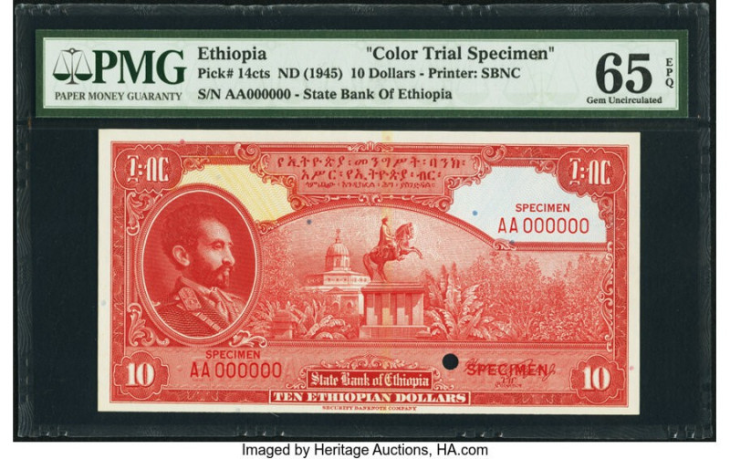 Ethiopia State Bank of Ethiopia 10 Dollars ND (1945) Pick 14cts Color Trial Spec...