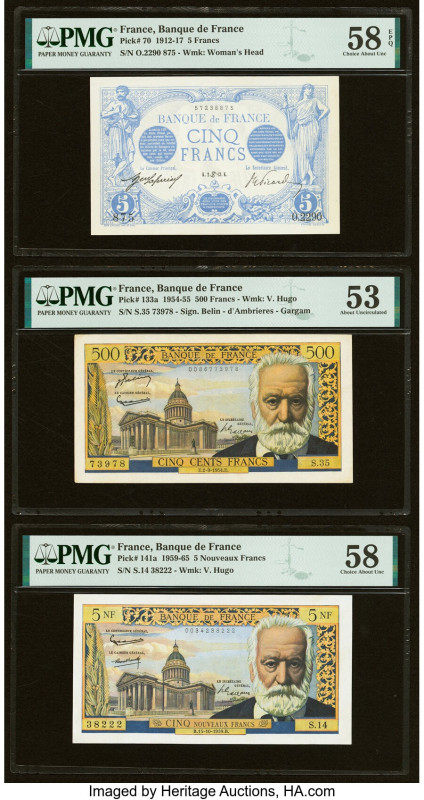 France Banque de France 5; 500 Francs; 5 Nouveaux Francs 1912-17; 2.9.1954; 15.1...