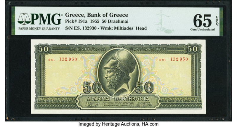 Greece Bank of Greece 50 Drachmai 1955 Pick 191a PMG Gem Uncirculated 65 EPQ. 

...