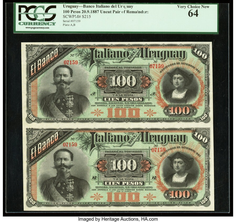 Uruguay Banco Italiano Del Uruguay 100 Pesos 1887 Pick S215 Uncut Pair of Remain...