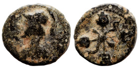 GREEK. Ae (bronze, 1.54 g, 13 mm). Helmeted bust, left. Rev. Four poppy (?) ears, centrally connected. Nearly very fine.