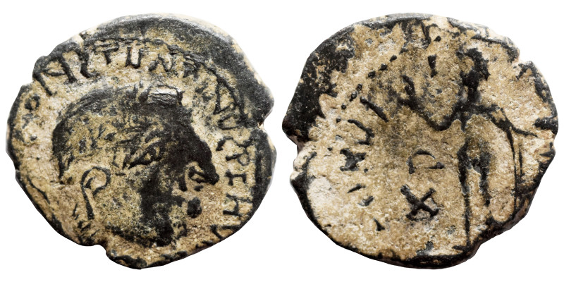 Uncertain. Ae (bronze, 2.84 g, 18 mm). Head right; legend around. Rev. Standing ...