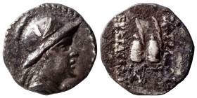 BAKTRIA, Greco-Baktrian Kingdom. Eukratides I Megas, circa 170-145 BC. AR Obol (silver, 0.65 g, 11 mm). Diademed and draped bust right, wearing creste...