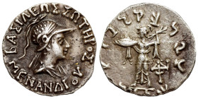 BAKTRIA, Indo-Greek Kingdom. Menander I, circa 165/55-130 BC. Drachm (silver, 2.41 g, 18 mm), uncertain mint in Paropamisadai or Gandhara. BAΣIΛEΩΣ ΣΩ...