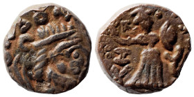 INDO-SKYTHIANS. Rajuvula, circa. 25-15 BC. Cu drachm (copper, 2.42 g, 12 mm). Diademed and draped bust right. Rev. Athena Alkidemos standing left. Ver...