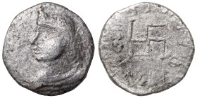 PARATARAJAS. Bhimarjuna, 220-230. BI Drachm (billon, 1.32 g, 15 mm). Diademed, crowned bust facing left inside a dotted border, Rev. Swastika in the c...