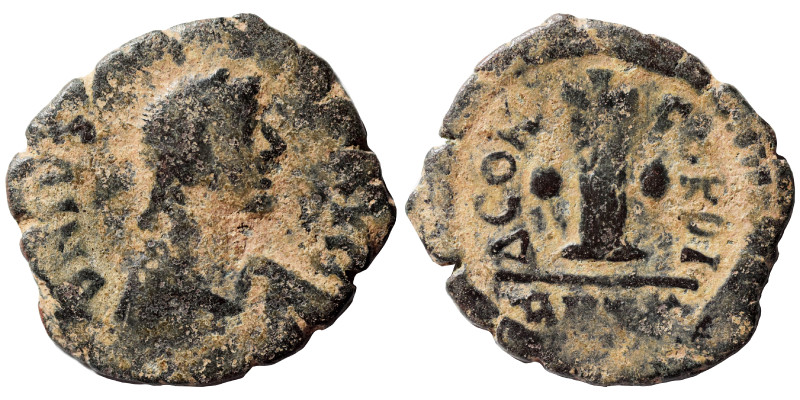 Justin I, 518-527. Dekanummium (bronze, 3.61 g, 23 mm), Antioch. D N IVSTINVS P ...