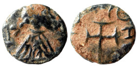 Uncertain, possibly Vandalic or Barbaric imitation. Ae (bronze, 0.49 g, 10 mm). Draped bust of emperor right. Rev. Blundered legend, cross. Nearly ver...