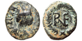 OSTROGOTHS. Theoderic, 493-526. 10 Nummi (bronze, 2.87 g, 16 mm), Ravenna. FELIX RAVENNA Mural-crowned and draped bust right. Rev. Ravenna monogram wi...