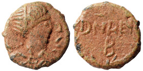OSTROGOTHS. Baduila, 541-552. Nummus (bronze, 0.81 g, 10 mm), Ticinum. Pearl-diademed, draped and cuirassed bust right. Rev. DN REX in field below, B....